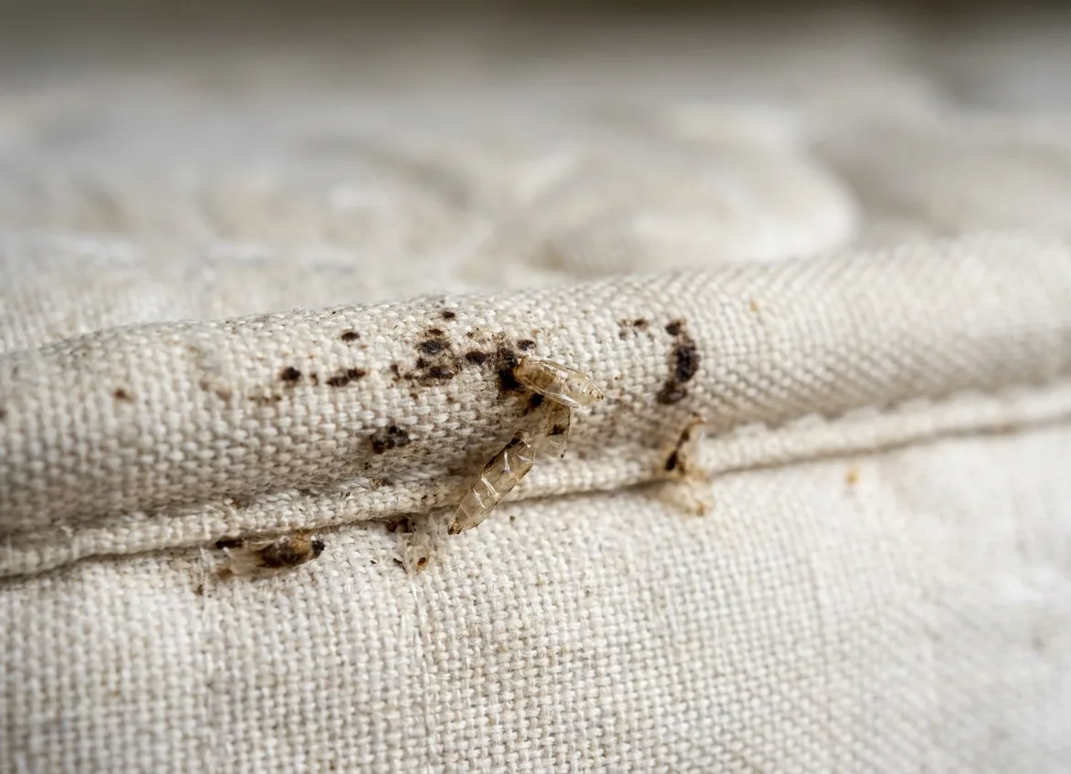 Dark speckled staining and shed casings along the welted piping of an infested mattress seam Dark speckled staining and shed casings along the welted piping of an infested mattress seam