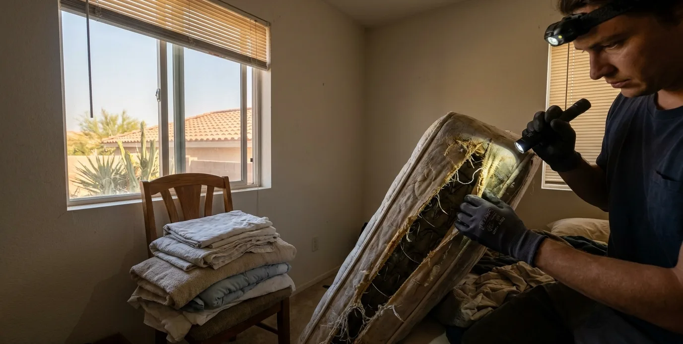 Pest technician lifting a mattress corner to inspect the seam for bed bugs in a Chula Vista bedroom