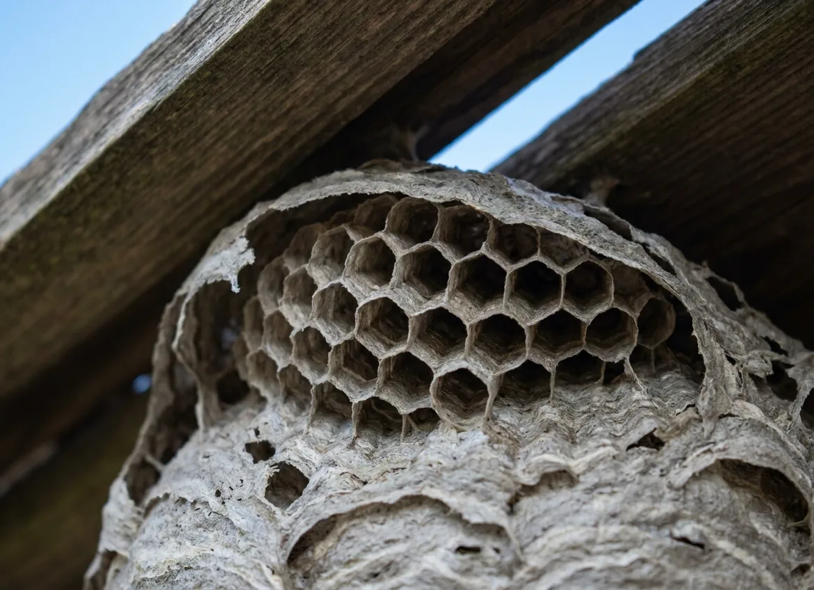 Layered grey paper wasp nest built into the underside of a timber eave
