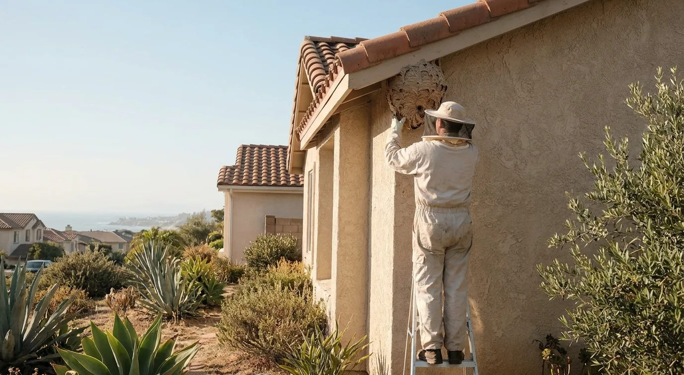 Technician in a protective bee suit removing a wasp nest from the soffit of a Chula Vista home