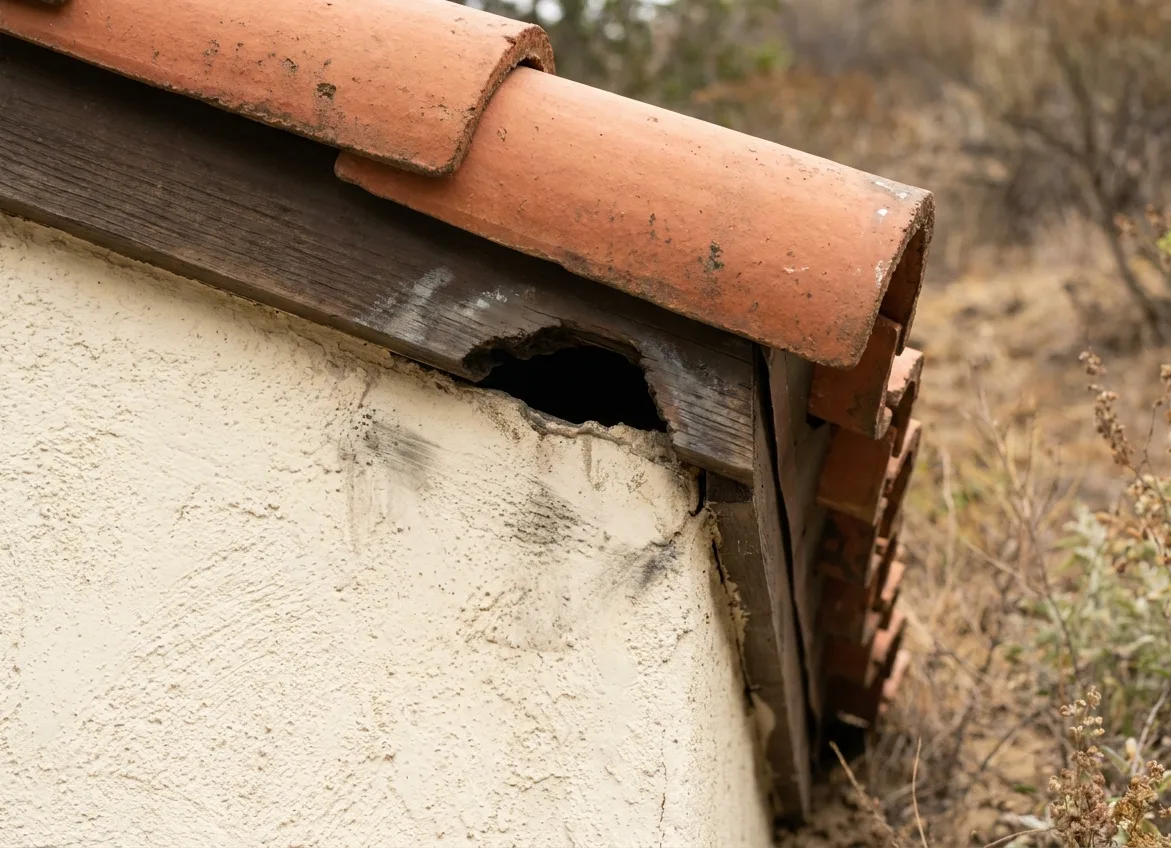 Dark gap opened beneath a roof tile on a Bonita Long Canyon hillside home Dark gap opened beneath a roof tile on a Bonita Long Canyon hillside home