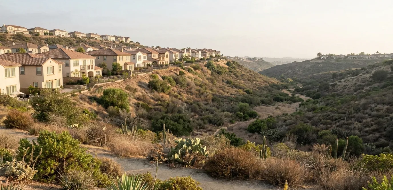 Hillside homes overlooking native canyon scrub in Bonita Long Canyon, Chula Vista