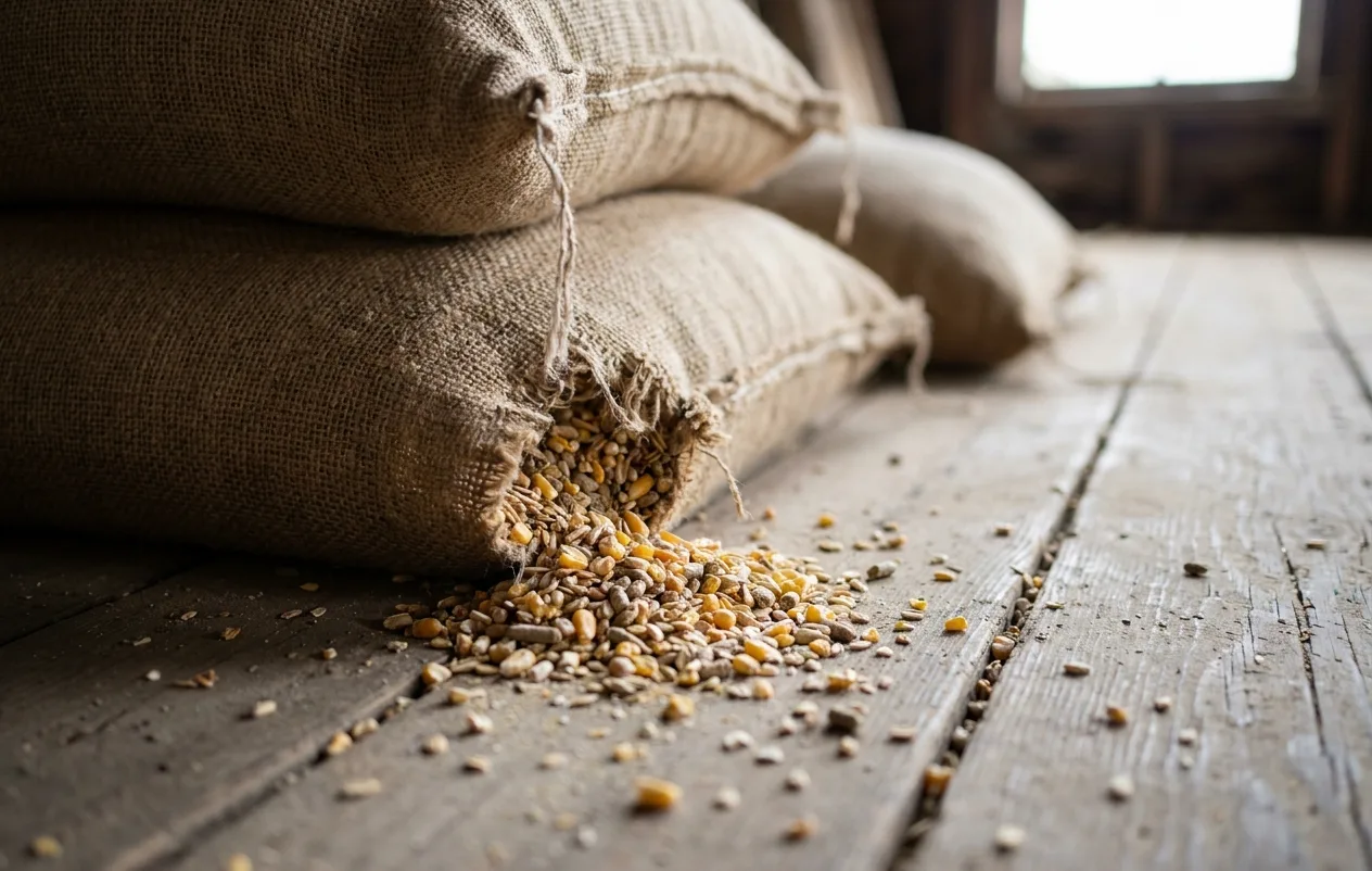 Feed sack gnawed open on a Bonita barn floor with grain spilled across the boards Feed sack gnawed open on a Bonita barn floor with grain spilled across the boards