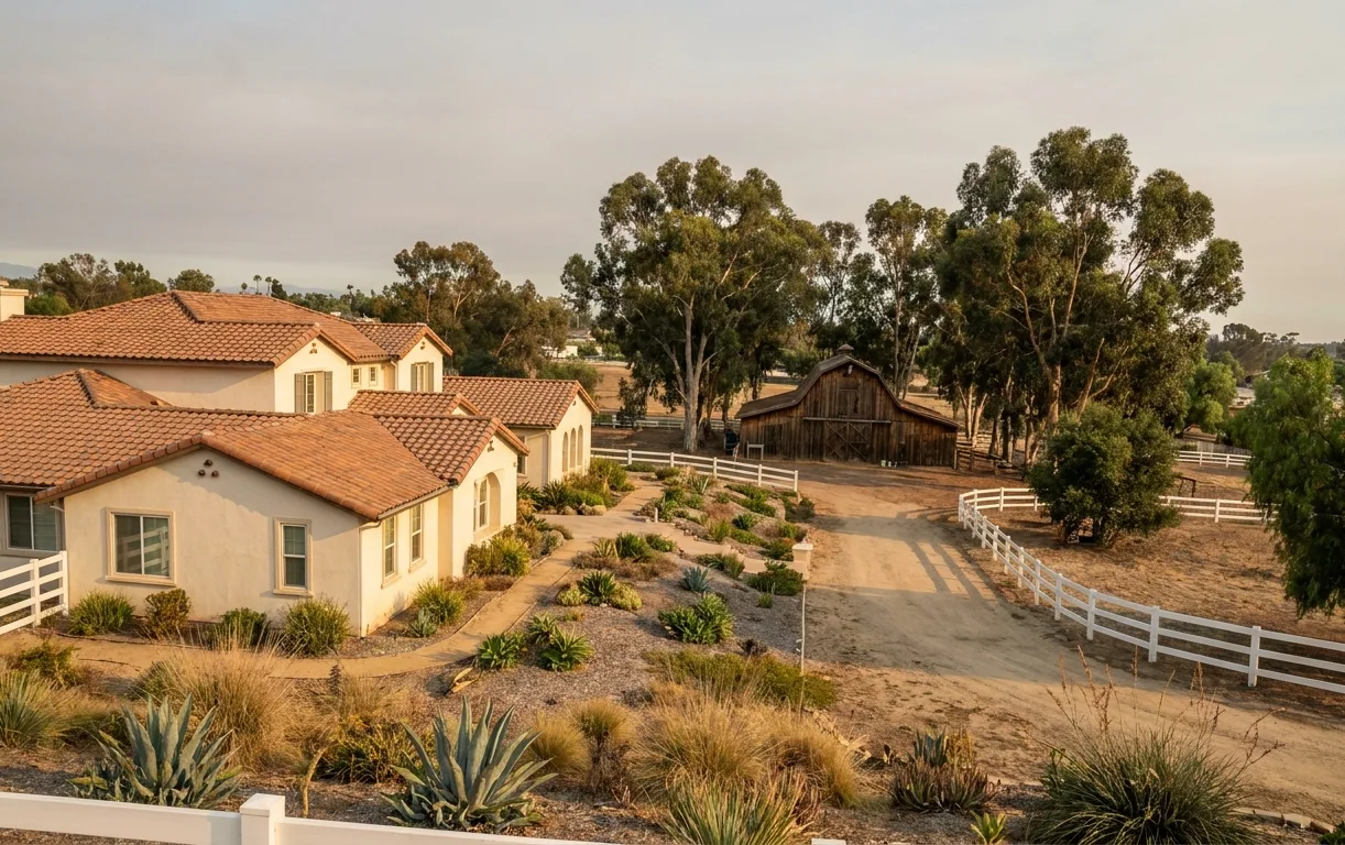 Semi-rural Bonita property with white fencing, mature eucalyptus and a timber barn