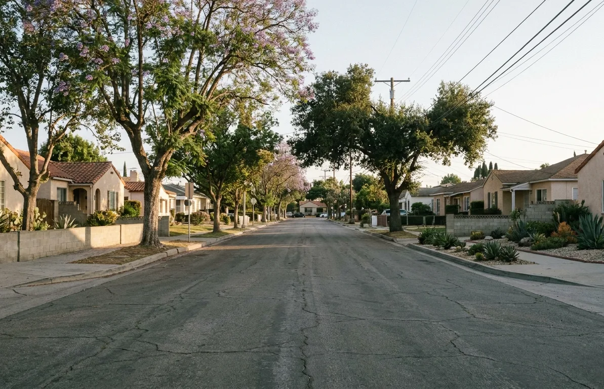 Established street of modest single-storey homes and mature shade trees in Castle Park, Chula Vista