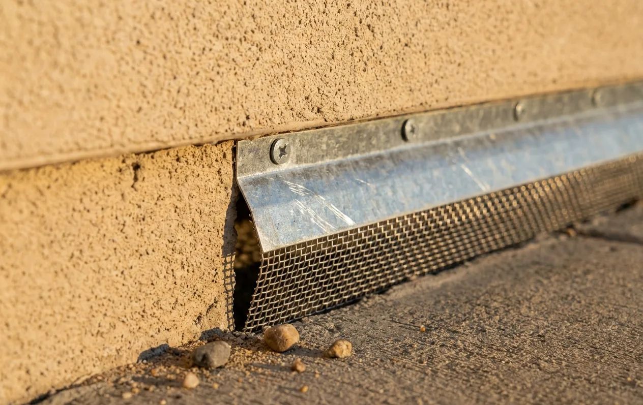 Rodent entry gap at a stucco wall base sealed with stainless mesh and a galvanized closure strip