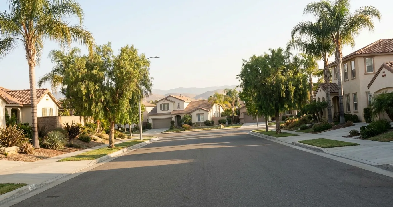 Quiet Chula Vista residential street of stucco homes with terracotta tile roofs and mature palms