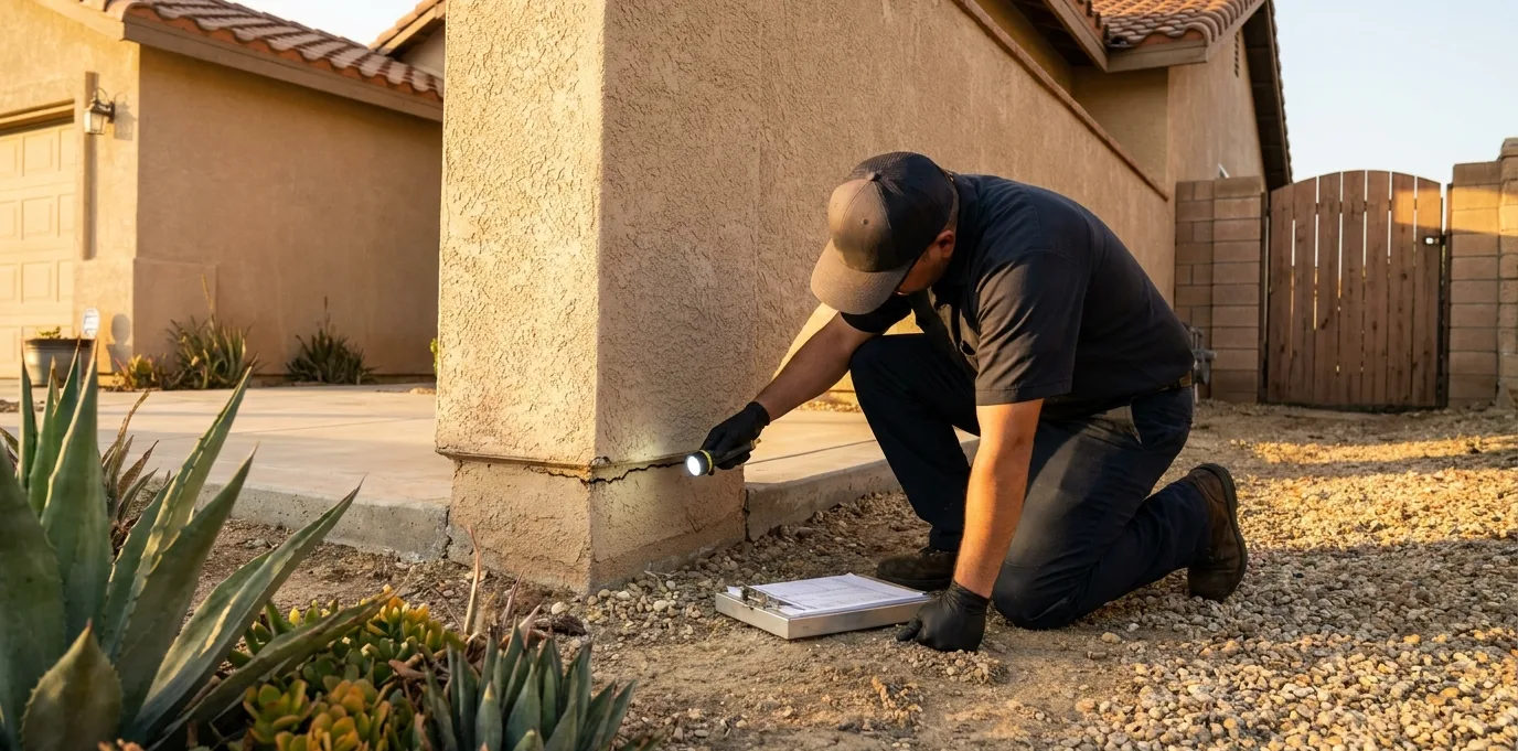Pest control technician inspecting the foundation line of a Chula Vista home with a flashlight