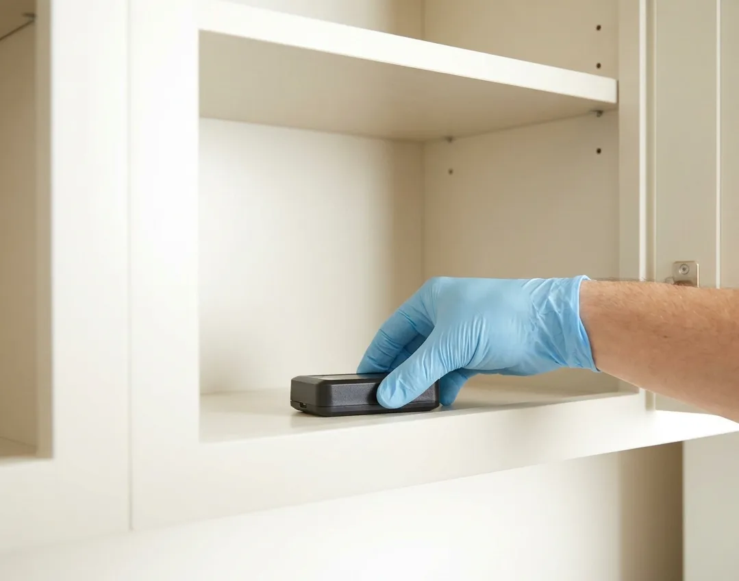 Gloved hand placing a discreet cockroach monitoring station inside a clean kitchen cabinet