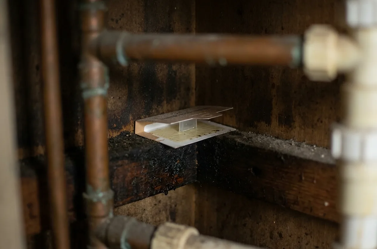 Monitoring trap set against the back panel of a kitchen cabinet behind the plumbing