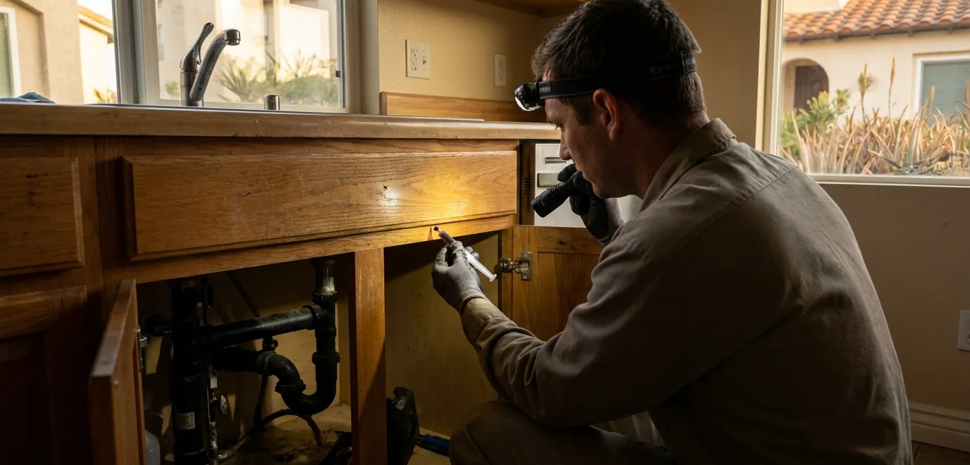 Technician applying cockroach gel bait along the hinge line of an under-sink kitchen cabinet