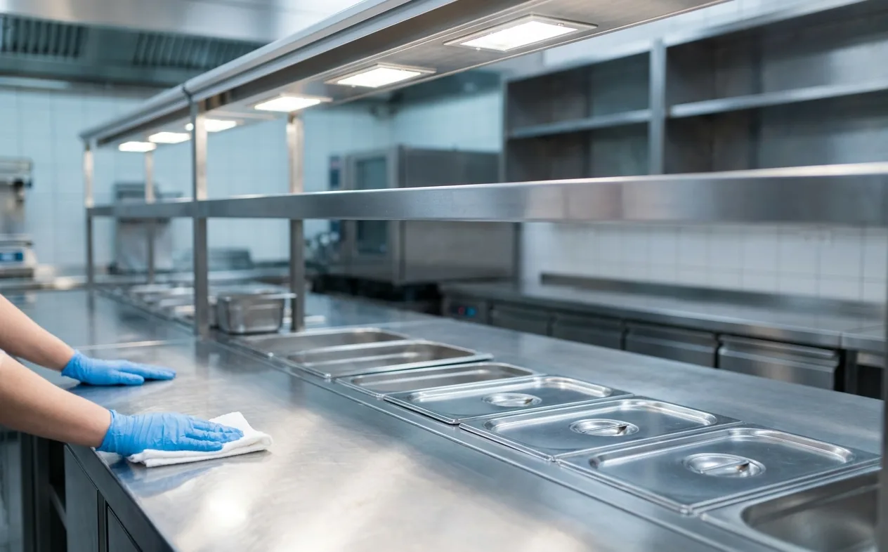 Spotless stainless steel commercial kitchen prep line kept pest-free