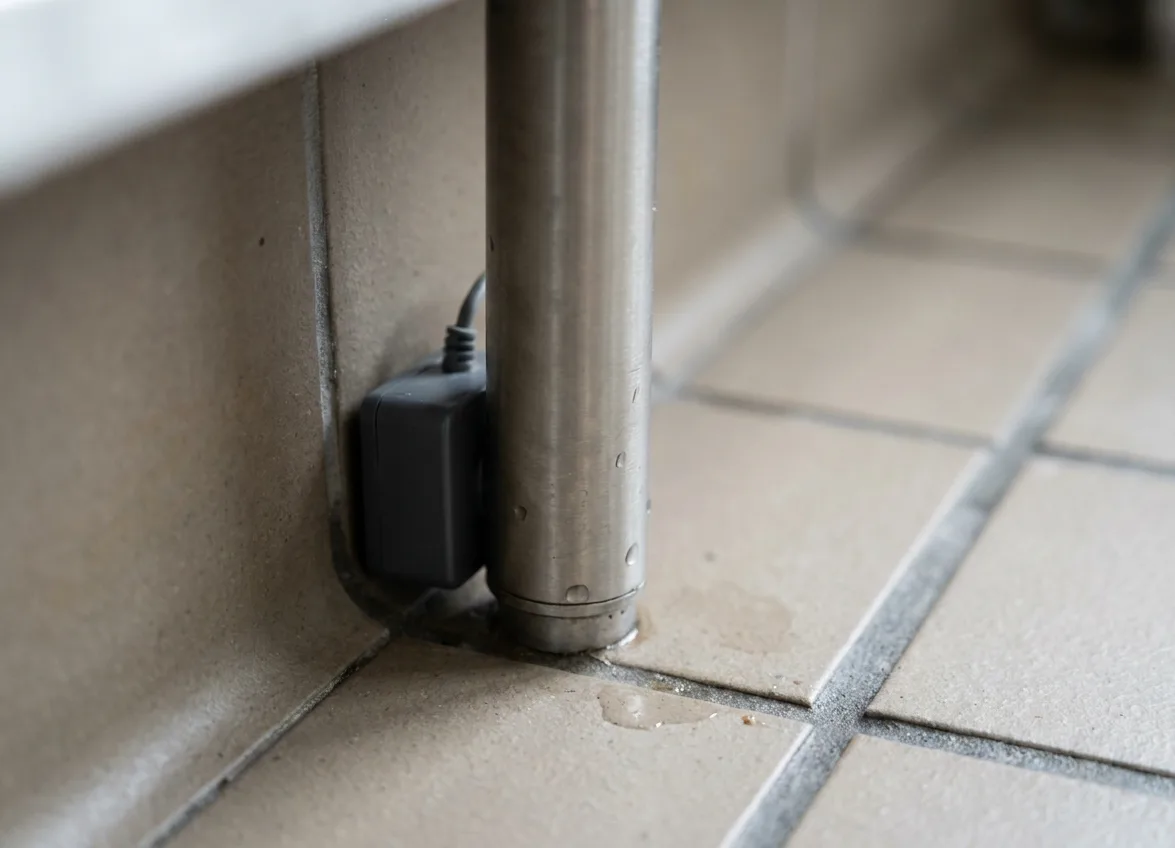Discreet monitoring station tucked at the base of a stainless steel commercial kitchen shelf