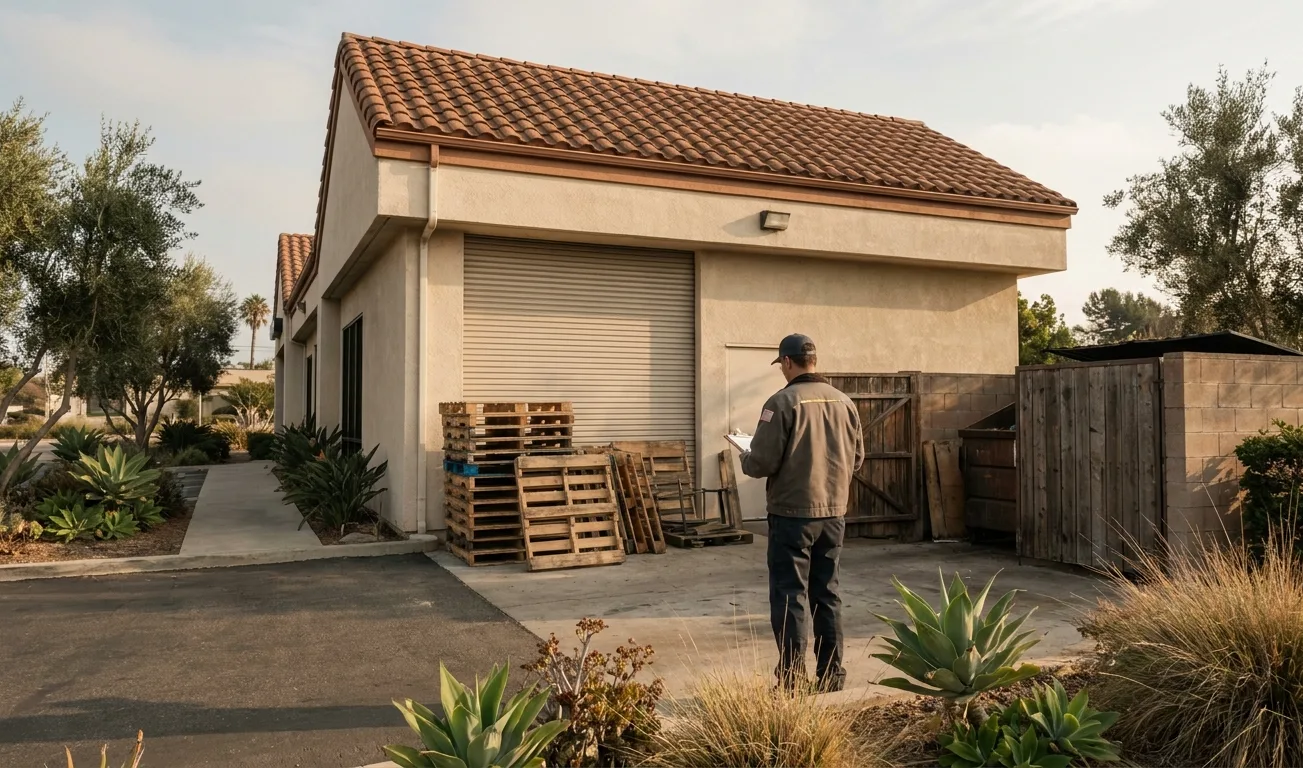 Technician inspecting the loading area and dumpster enclosure behind a Chula Vista commercial building