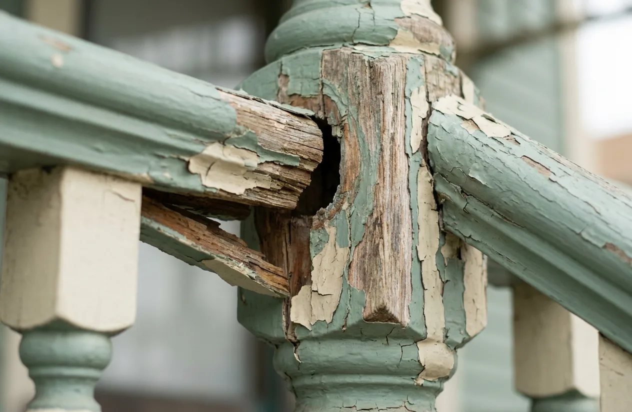 Opened joint and lifted paint on an ornate timber porch balustrade in Coronado