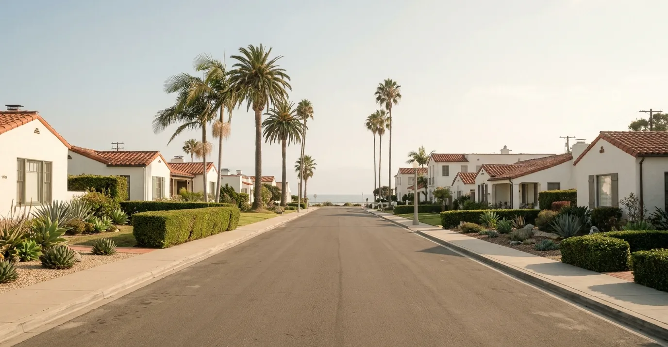 Immaculate street of period cottages and clipped hedges in Coronado, California