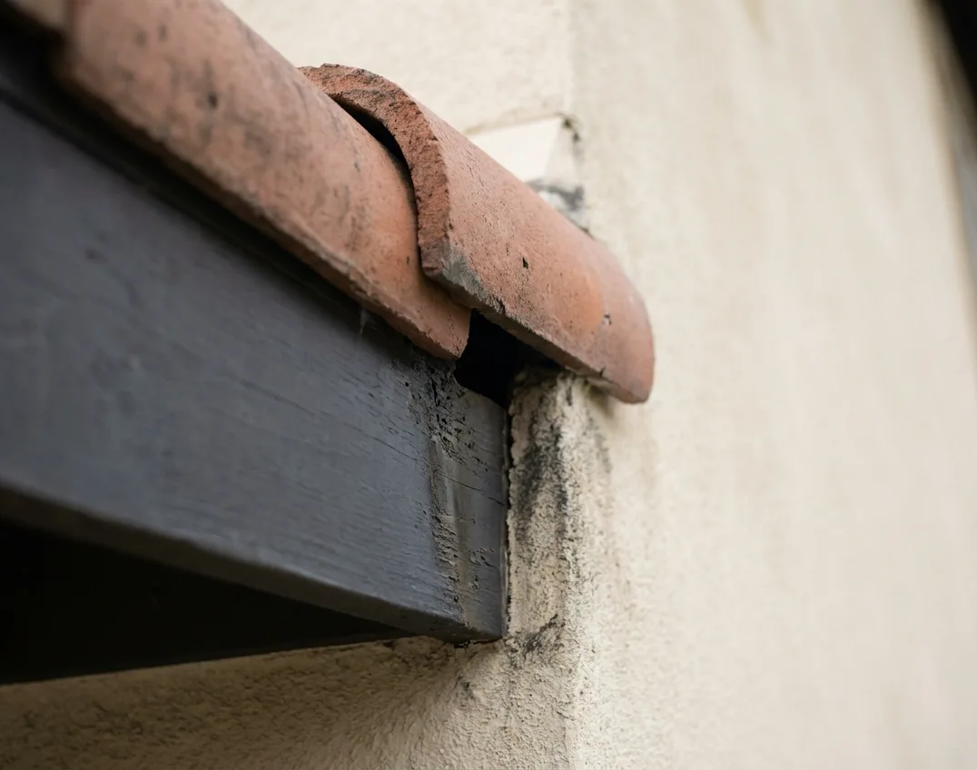 Gap beneath a roof tile at the fascia of an Eastlake stucco home
