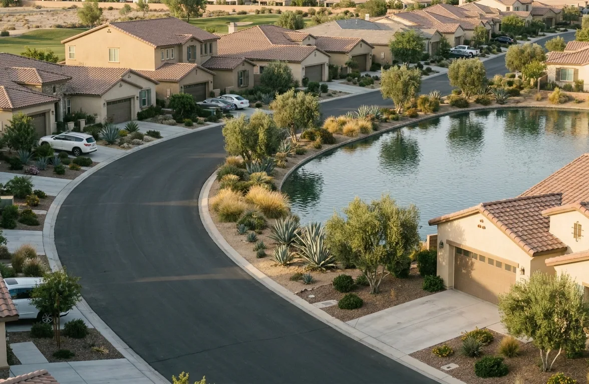 Newer stucco homes around the landscaped lake edge in Eastlake, Chula Vista