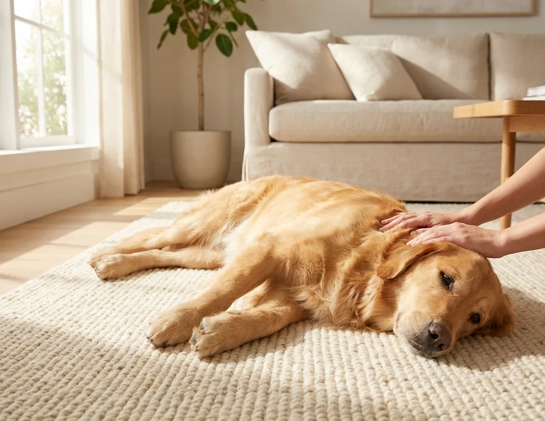 Dog resting on a clean living room rug in warm window light after flea treatment