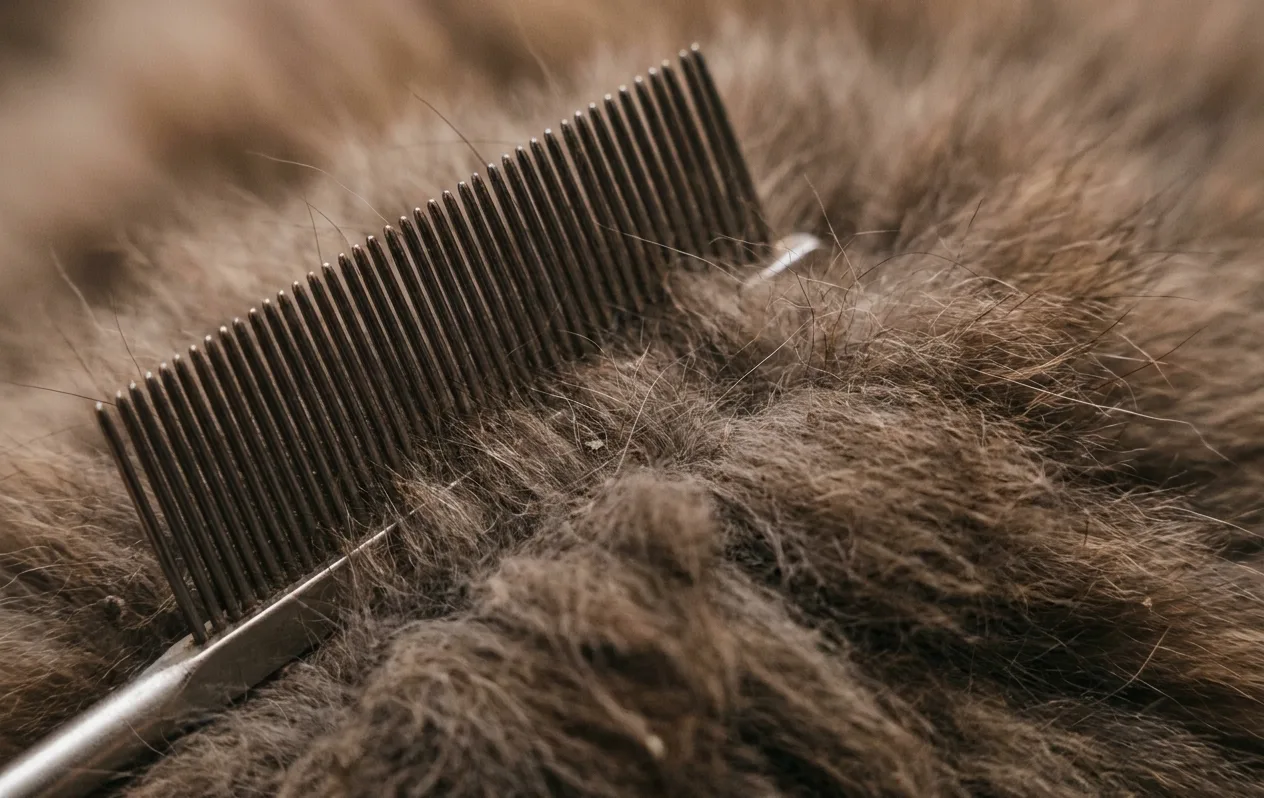 Fine-toothed flea comb drawn through dense pet fur
