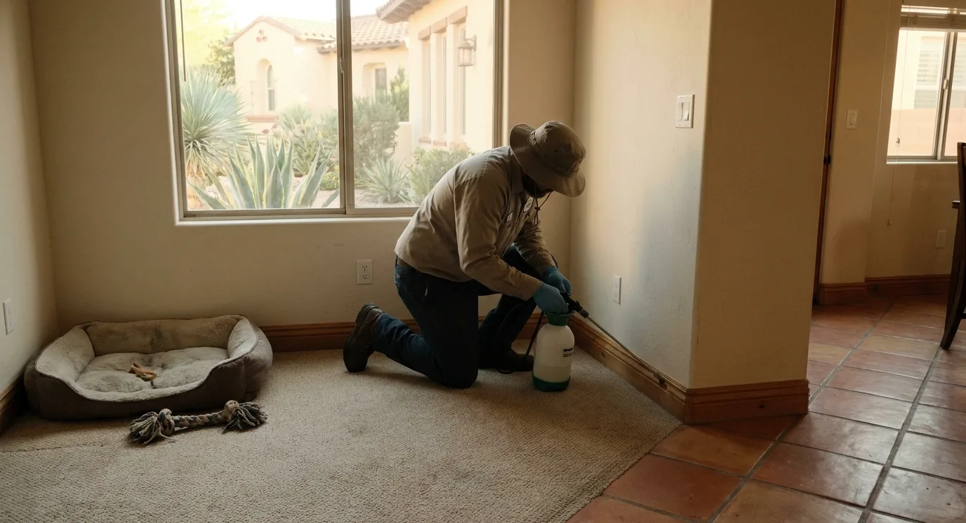 Technician treating the carpet edge along a living room skirting board for fleas beside a dog bed