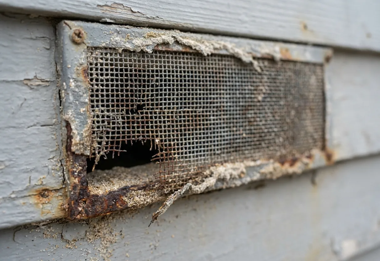 Corroded and torn crawlspace vent screen on an Imperial Beach beach cottage Corroded and torn crawlspace vent screen on an Imperial Beach beach cottage