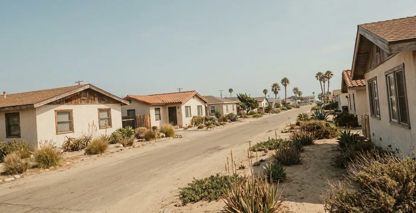 Low coastal street of salt-weathered beach cottages in Imperial Beach, California