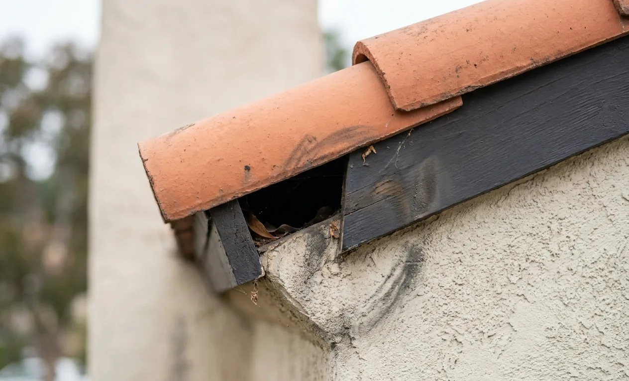 Entry gap where tile meets fascia on a Lynwood Hills home Entry gap where tile meets fascia on a Lynwood Hills home