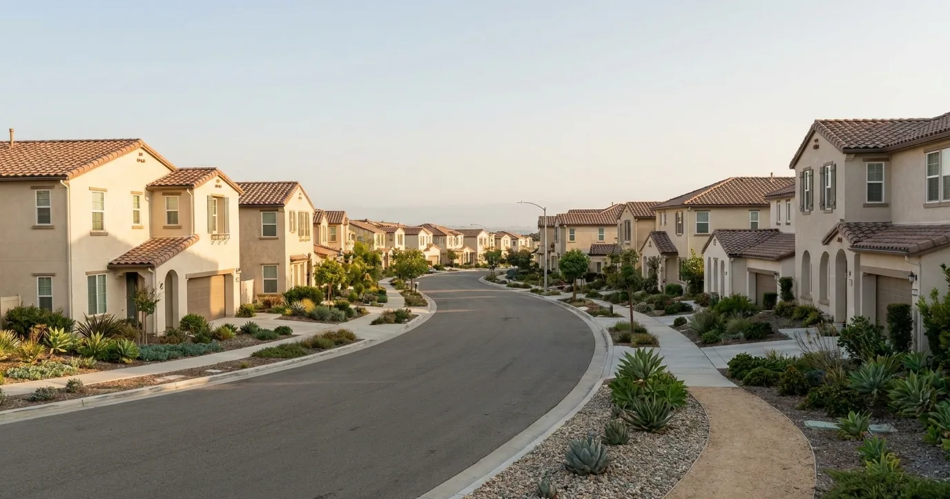 Quiet street of two-storey stucco homes with tidy lawns in McMillin, Chula Vista