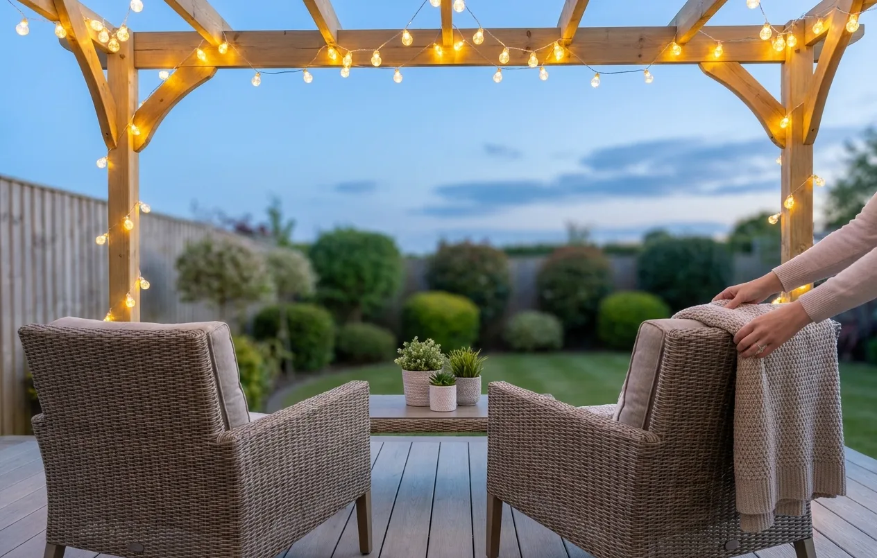 Back garden patio at dusk with string lights, usable again after mosquito treatment