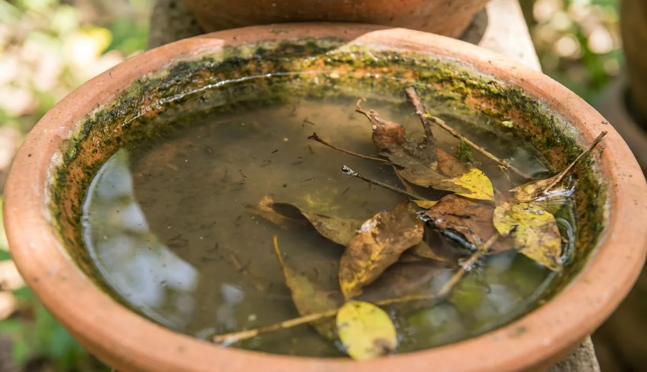 Standing water pooled in the saucer beneath a terracotta plant pot, a classic mosquito breeding site Standing water pooled in the saucer beneath a terracotta plant pot, a classic mosquito breeding site