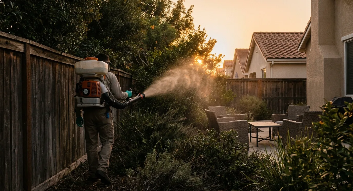 Technician misting shaded shrubbery along a Chula Vista back fence line at dusk for mosquitoes