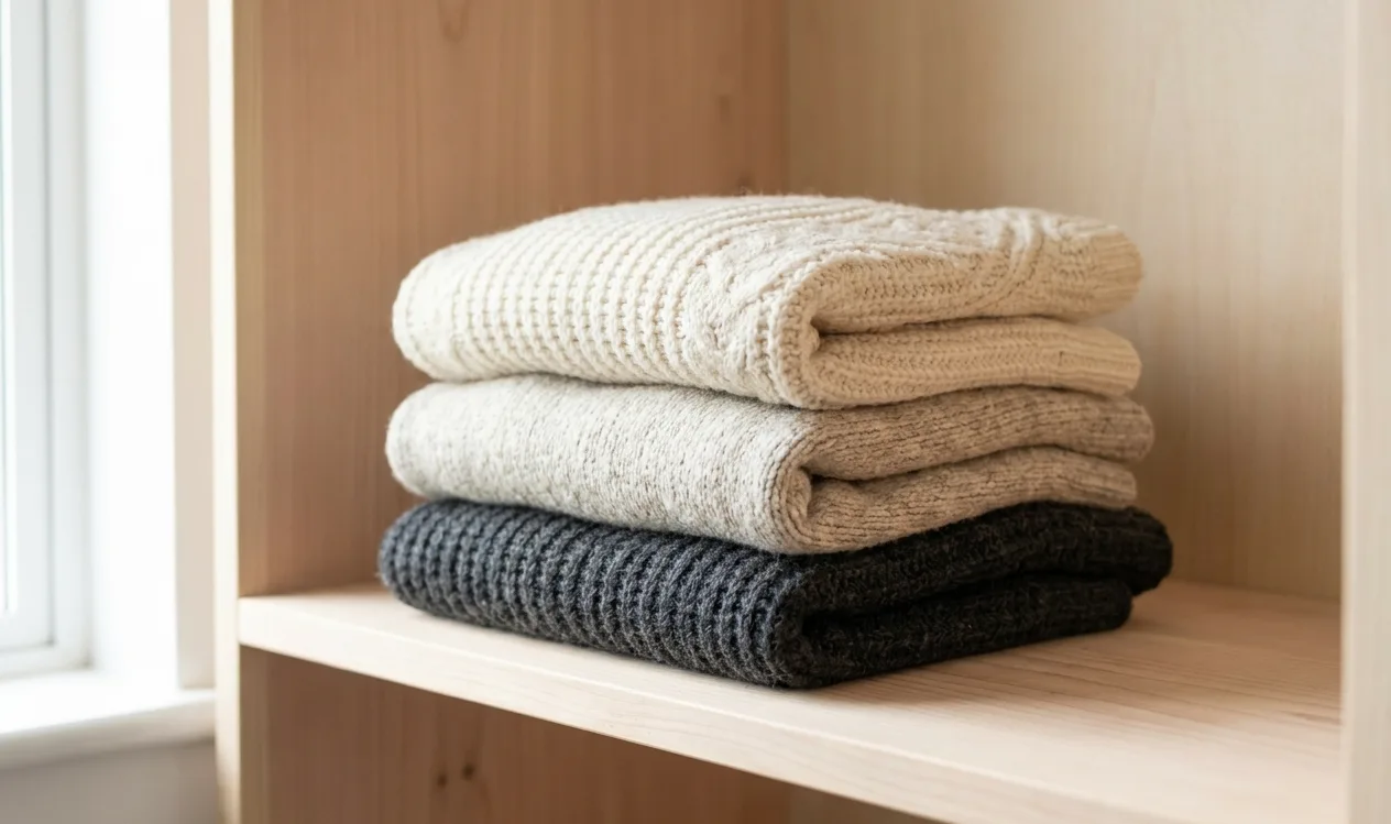 Folded woollen jumpers stacked on a cedar wardrobe shelf, protected from clothes moths