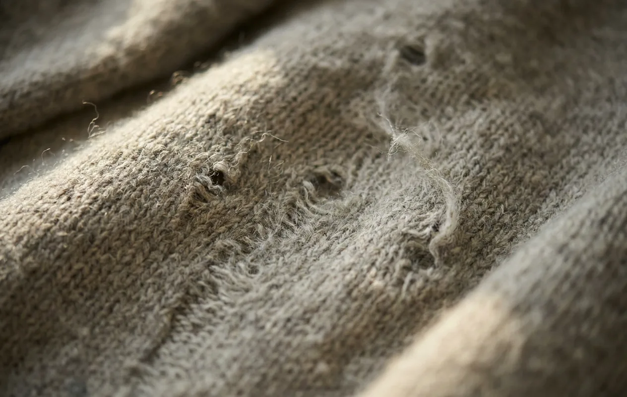 Small irregular feeding holes eaten through a woollen knit by clothes moth larvae