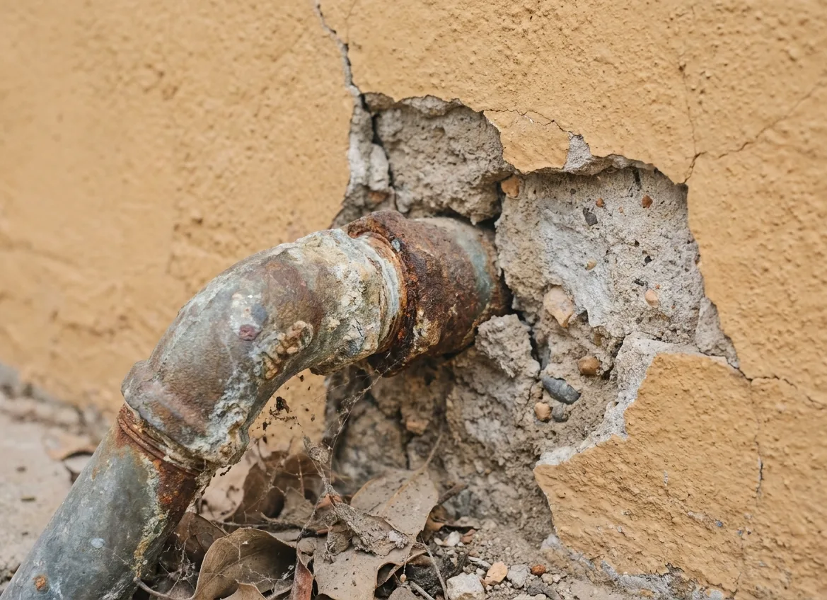 Crumbled mortar around an old utility pipe penetrating a National City stucco wall