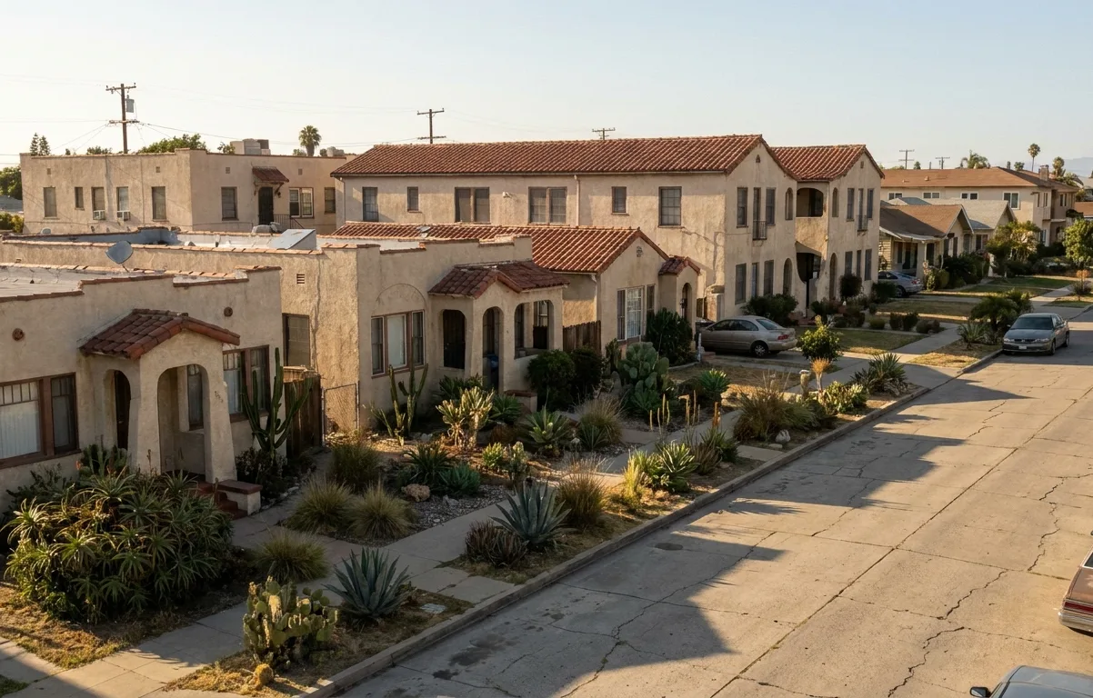Block of compact pre-war bungalows and low apartment buildings in National City, California
