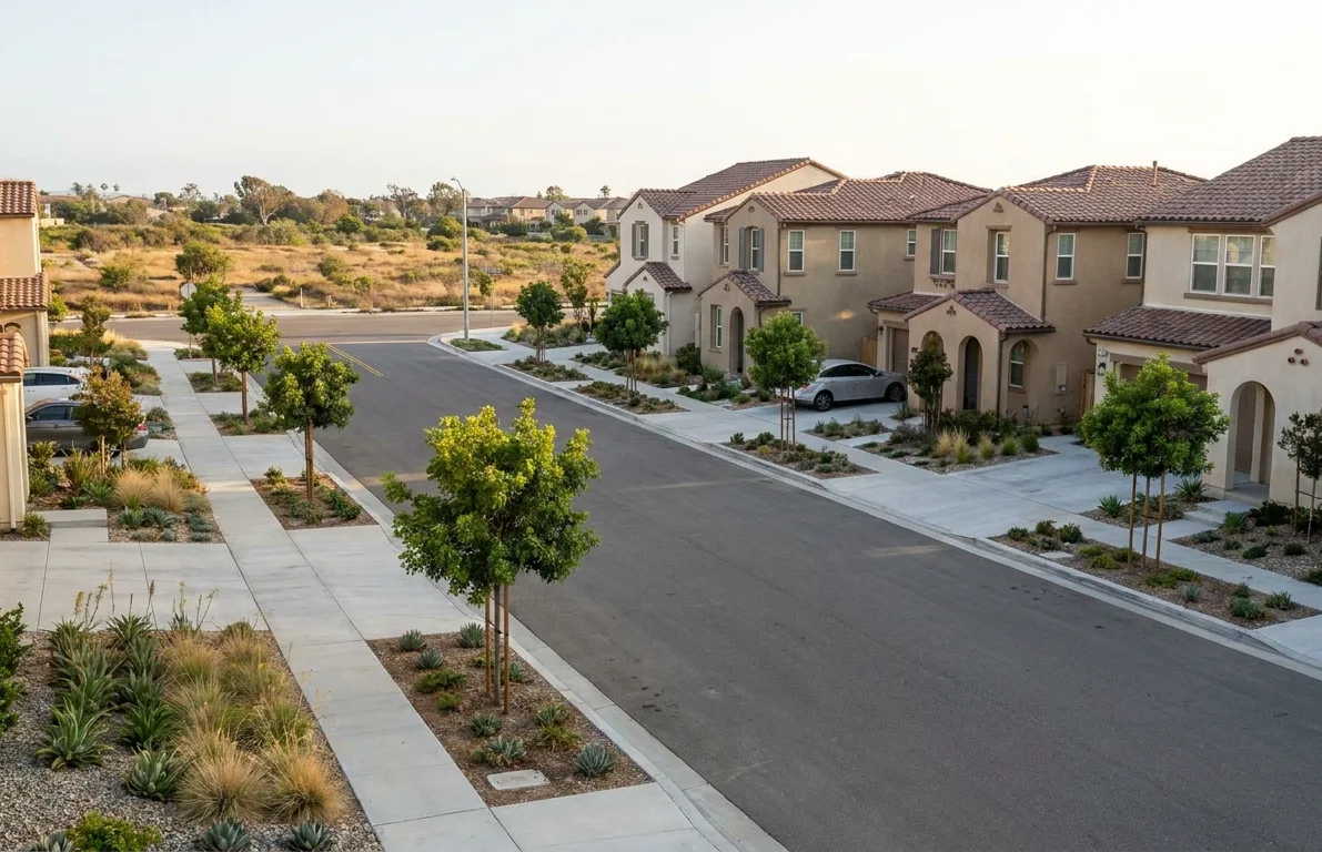 Newer residential street near open parkland in the Olympic area of Chula Vista