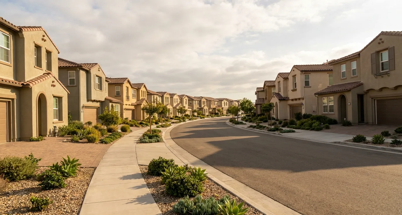 Master-planned street of uniform stucco homes with paver driveways in Otay Ranch, Chula Vista
