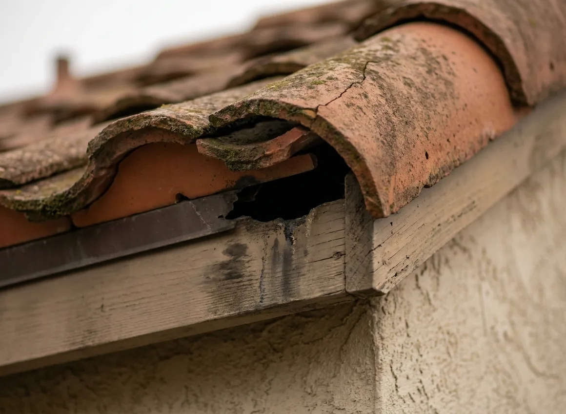 Roofline gap with greasy rub-marks on a Parkway canyon-rim home Roofline gap with greasy rub-marks on a Parkway canyon-rim home