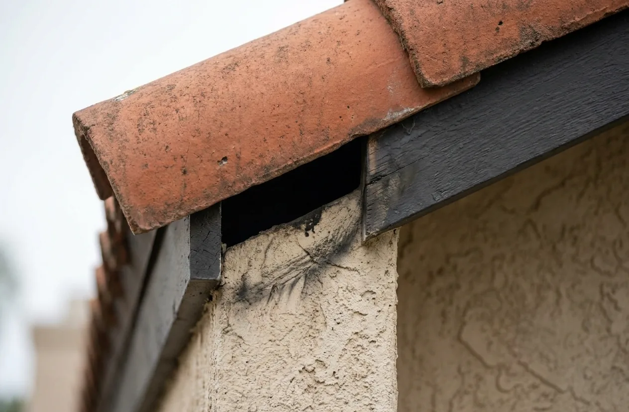 Dark gap beneath a roof tile on a Rancho del Rey hillside home Dark gap beneath a roof tile on a Rancho del Rey hillside home
