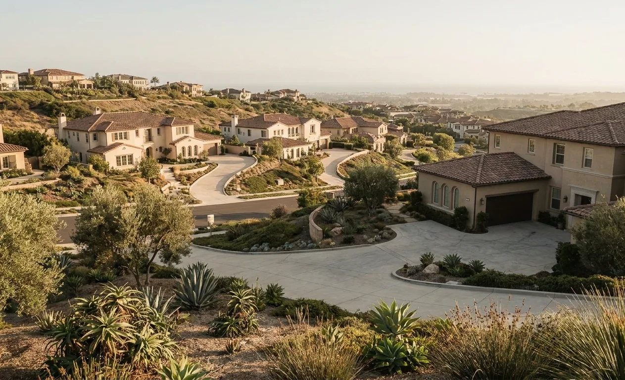 Hillside community of larger stucco homes with terraced landscaping in Rancho del Rey, Chula Vista
