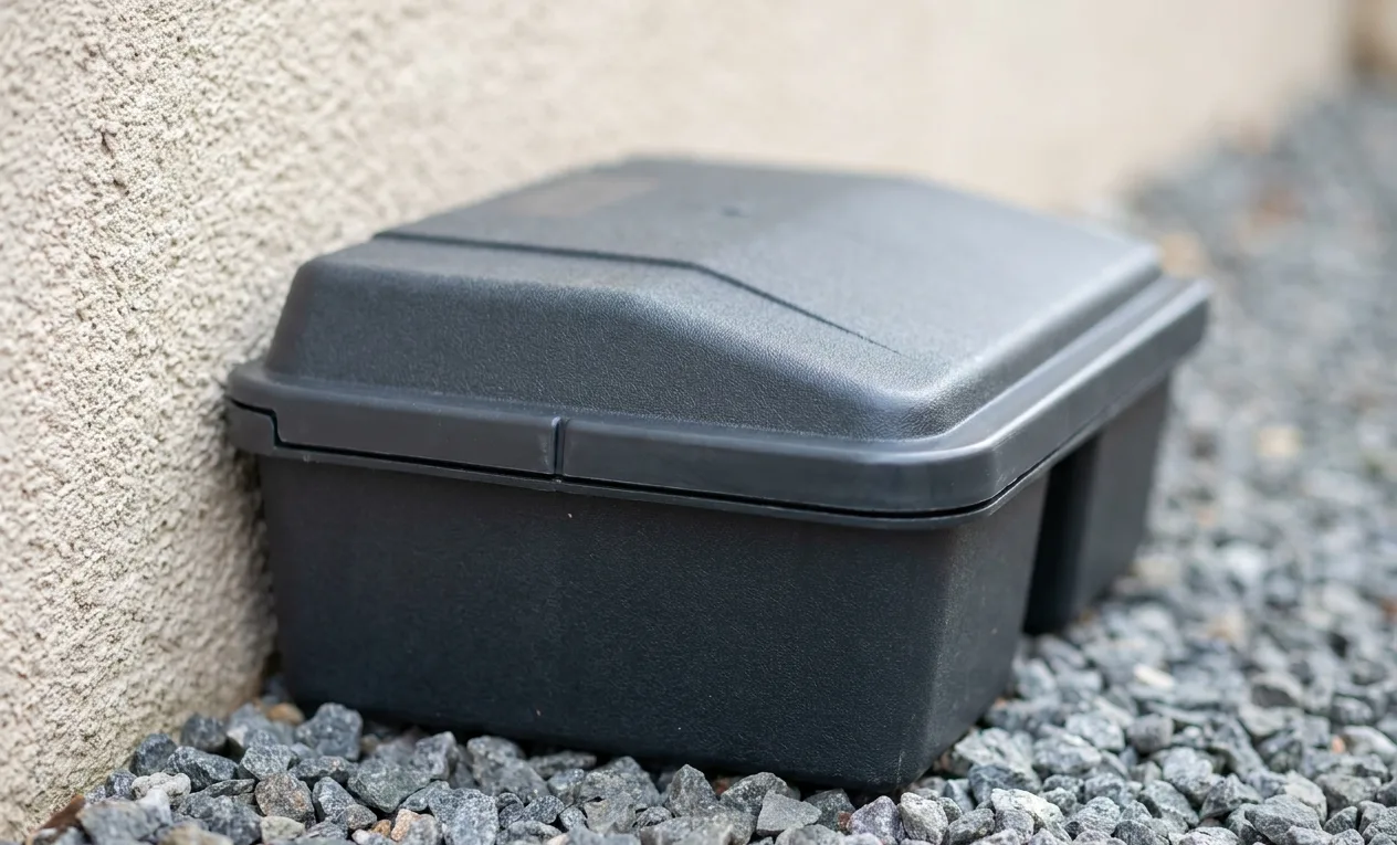 Tamper-resistant bait station installed flush against a stucco wall on a gravel bed Tamper-resistant bait station installed flush against a stucco wall on a gravel bed