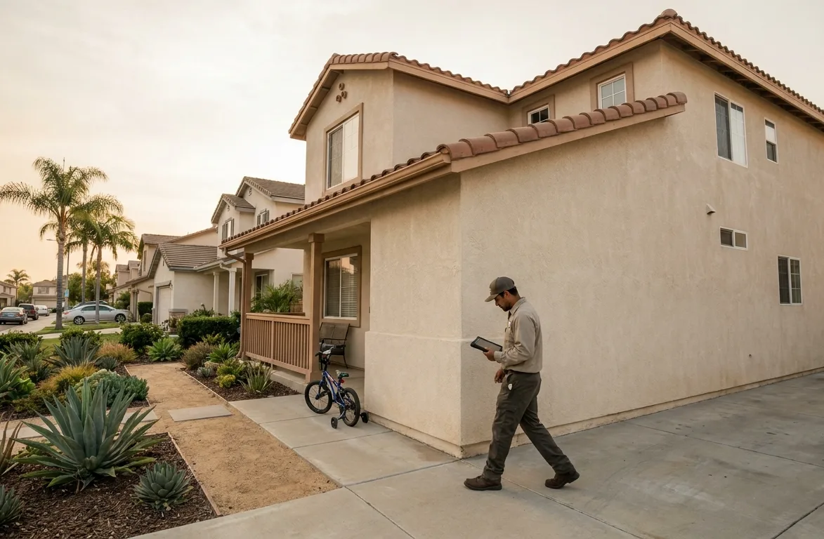 Technician walking the perimeter of a Chula Vista family home with a service tablet