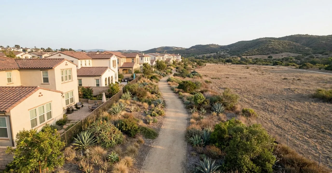 Planned community backing onto open space and a walking trail in Salt Creek Ranch, Chula Vista