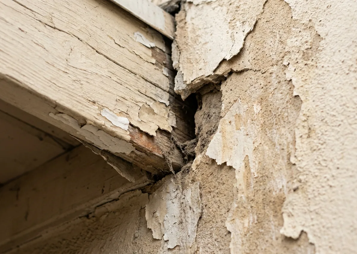 Gap opened where a weathered timber eave meets the stucco wall of a San Diego home