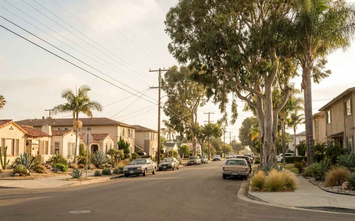 Street of older stucco bungalows and small apartment buildings in San Diego, California
