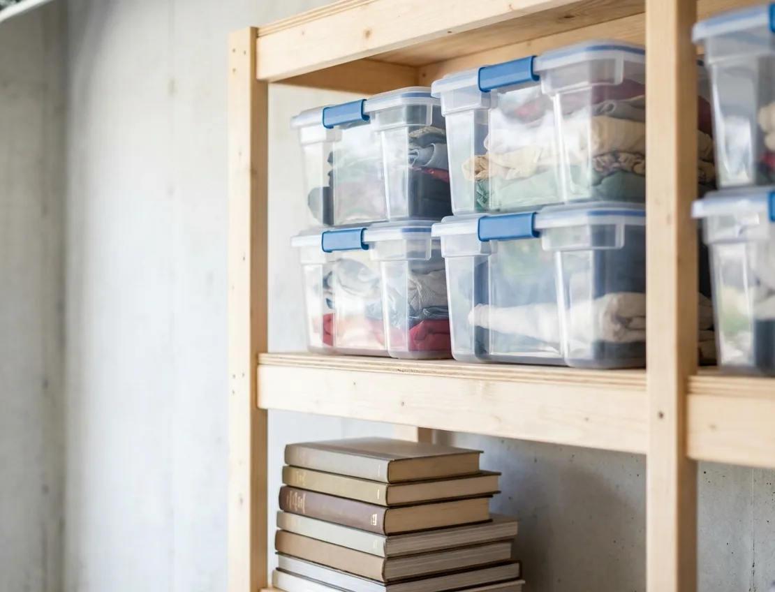 Books and sealed storage bins on a dry garage shelf, kept safe from silverfish