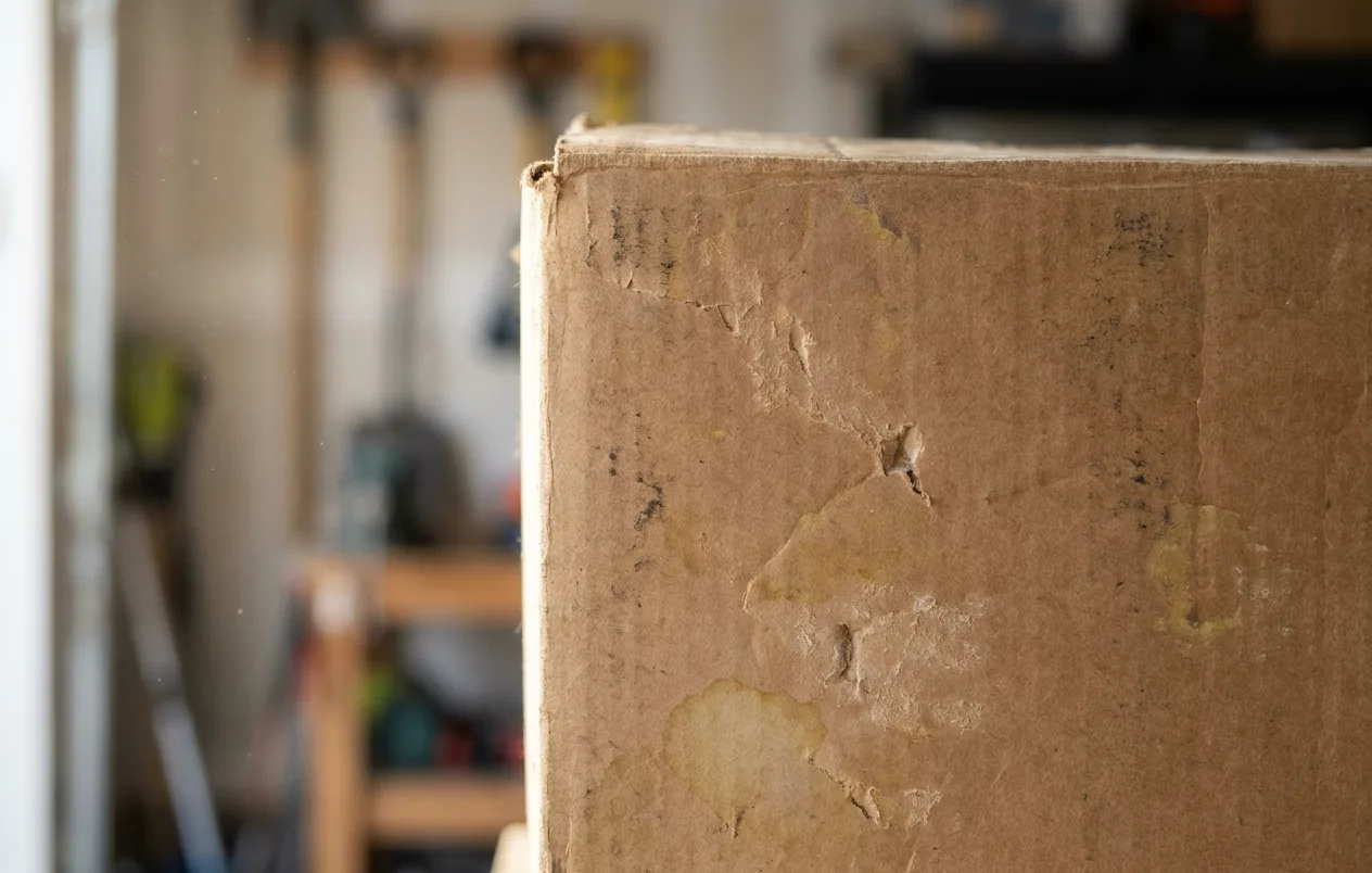 Surface grazing and yellow staining left by silverfish on a stored cardboard box