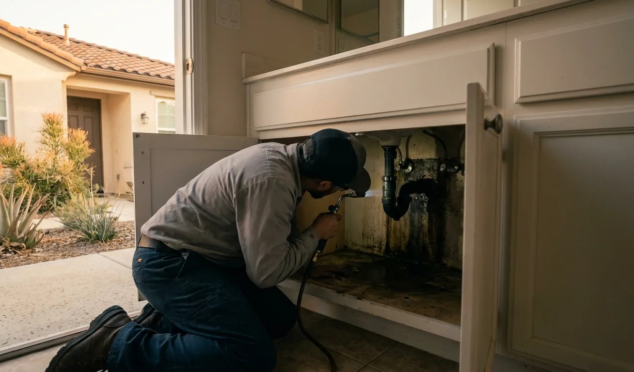 Technician inspecting the damp void behind a bathroom vanity where silverfish shelter