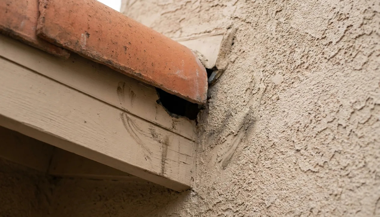 Rodent entry gap at the roofline of an older south-western Chula Vista home Rodent entry gap at the roofline of an older south-western Chula Vista home